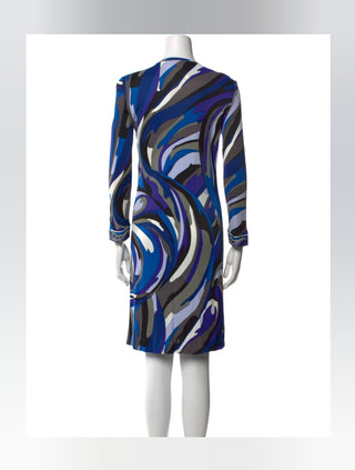 Emilio Pucci Blue Multicolor Printed Sequin Embroidered Knee-Length Dress US 8