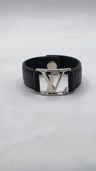 Louis Vuitton Silver-tone LV Logo Black Leather Hockenheim Bracelet