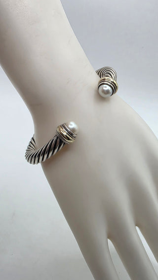 David Yurman Sterling Silver Cultured Pearl Cable Cuff Bracelet
