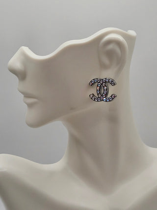 Chanel Iridescent Strass Interlocking CC Stud Earrings