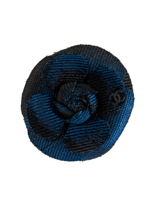 Chanel Metallic Black Blue Camellia CC Logo Fabric Brooch