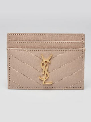 Yves Saint Laurent Beige Grained Chevron Quilted Leather Card Holder