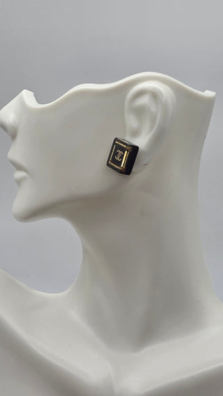 Chanel Gold-tone Black Resin Interlocking CC Stud Earrings