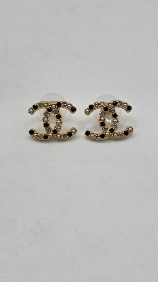 Chanel 2020 Faux Pearl Strass Interlocking CC Stud Earrings