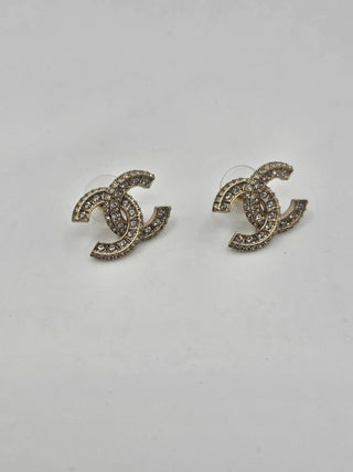 Chanel Gold-tone Strass Interlocking Stud Earrings