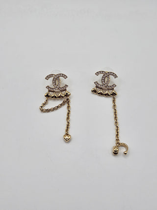 Chanel Gold-tone 2023 Strass CC Hearts Chain Drop Earrings