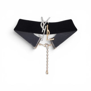 Yves Saint Laurent Black Velvet Crystal Two Tone YSL Metal Logo Choker Necklace