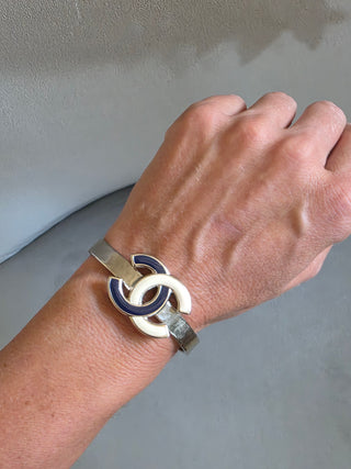 Chanel Silver-tone Interlocking CC Enamel Cuff Bracelet