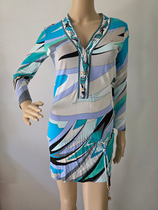 Emilio Pucci Blue Multicolor Signature Print V-Neck Blouse 6 sz