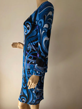 Emilio Pucci Blue Multicolor Signature Print Dress 6 sz