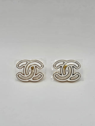 New Chanel 2024 Gold-tone white Enamel Interlocking CC logo stud earrings