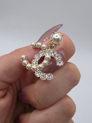 Chanel Gold-tone Faux Pearl Strass Interlocking CC Drop Earrings