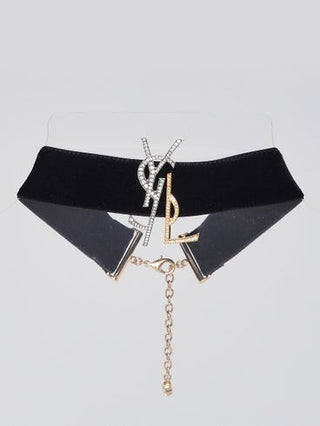 Yves Saint Laurent Black Velvet Crystal Two Tone YSL Metal Logo Choker Necklace