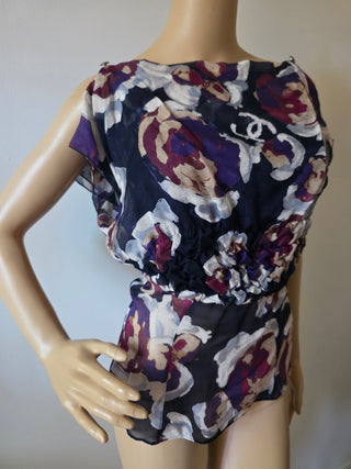 Chanel purple multicolor Interlocking CC Logo Silk blouse US 6