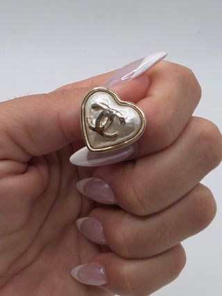 Chanel Gold-tone Faux Pearl Interlocking CC Heart Stud Earrings