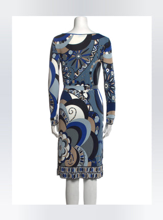 Emilio Pucci Blue Multicolor Printed Knee-Length Dress 6 sz
