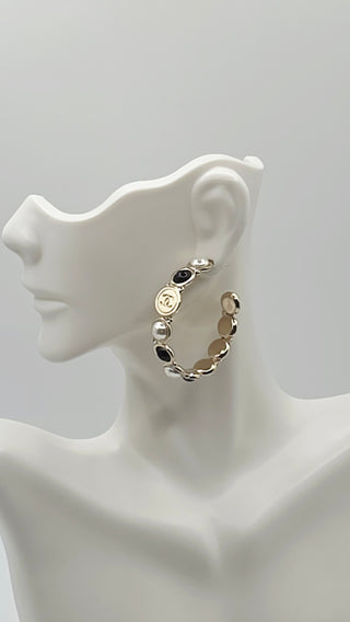 Chanel Faux Pearl Strass Interlocking CC Hoop Earrings