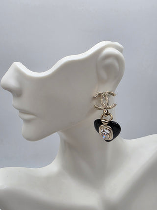Chanel Strass Enamel Interlocking CC Heart Drop Earrings