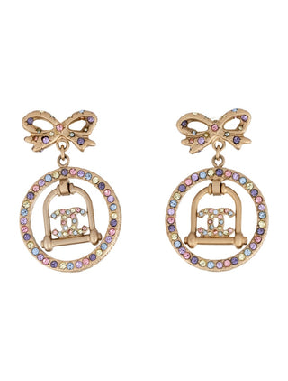 Chanel Gold-tone Strass Interlocking CC Bow Drop Earrings