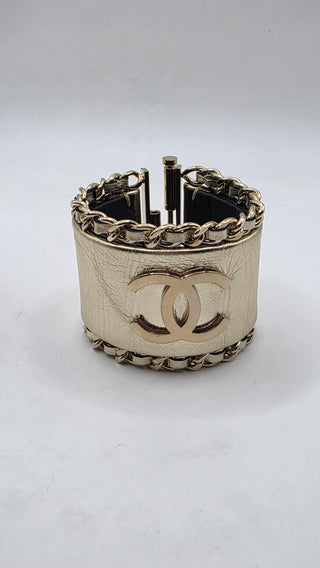 Chanel Gold-tone Leather Interlocking CC Wide Bracelet