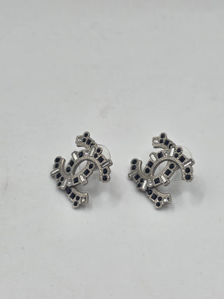 Chanel Silver-tone Strass Interlocking CC Stud Earrings