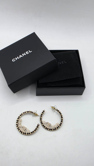 Chanel Gold-tone 2023 Strass Leather Interlocking CC Hoop Earrings