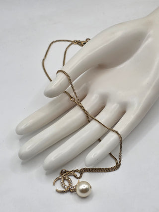 Chanel Gold-tone Faux Pearl  Strass CC Pendant Necklace