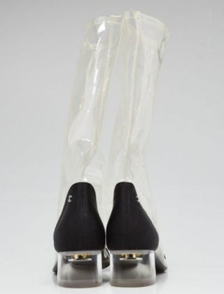 Chanel Clear Vinyl and Black Grosgrain Fabric Cap Toe Boots 40 sz