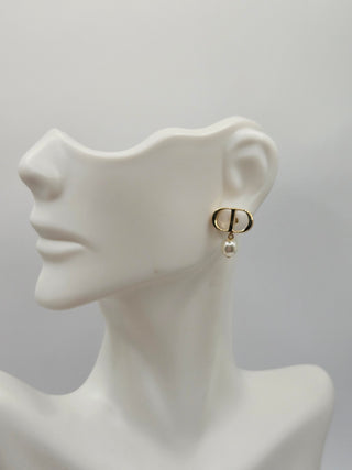 Christian Dior Gold-tone Faux Pearl Petite CD Logo Stud Earrings