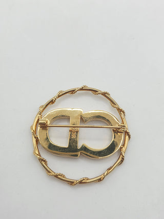 Christian Dior Gold-tone Crystal CD Logo Round Brooch