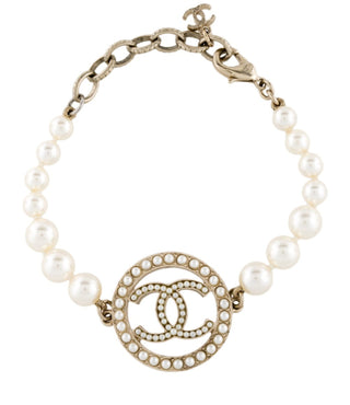 Chanel Gold-tone Faux Pearl Interlocking CC Charm Bracelet