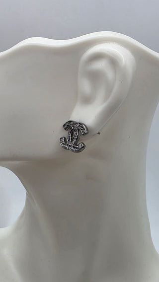 Chanel Silver-tone Interlocking CC Tweed Stud Earrings