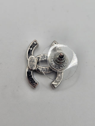 Chanel Silver-tone Strass Interlocking CC Stud Earrings