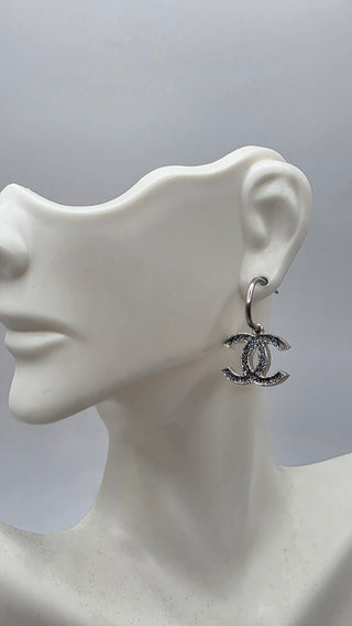 Chanel Silver-tone Black Enamel Glitter Interlocking CC Drop Earrings