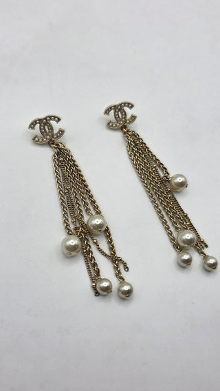 Chanel Gold-tone Faux Pearl Interlocking Drop Earrings