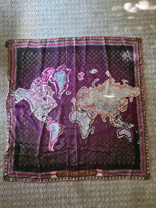 Louis Vuitton Brown Multicolor LV Monogram Map Pattern Silk Scarf