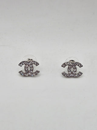 Chanel Silver-tone Strass Interlocking CC Stud Earrings