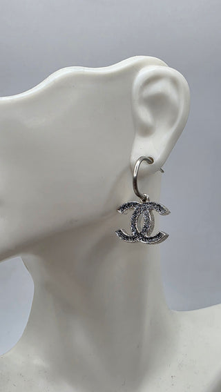 Chanel Silver-tone Black Enamel Glitter Interlocking CC Drop Earrings