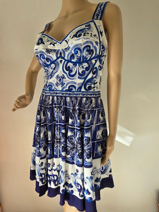 Dolce & Gabbana White Blue Printed Silk Mini Dress 44 sz NWT