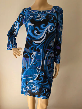 Emilio Pucci Blue Multicolor Signature Print Dress 6 sz