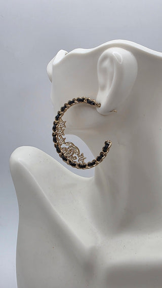 Chanel Gold-tone 2023 Strass Leather Interlocking CC Hoop Earrings