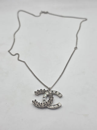 Chanel Silver-tone Strass Interlocking Pendant Necklace