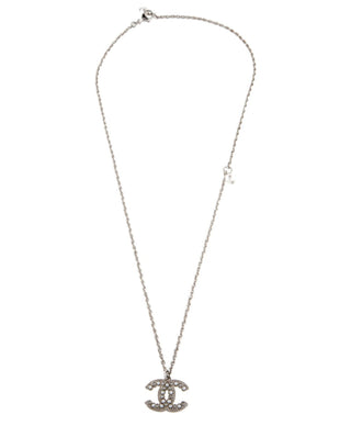 Chanel Silver-tone Faux Pearl Strass CC Pendant Necklace