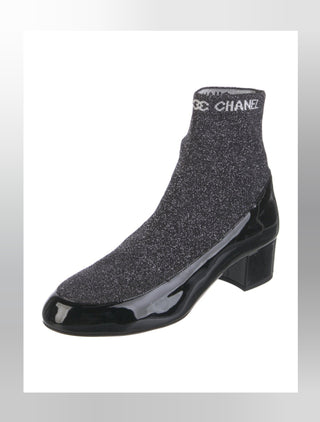 Chanel Black Logo Printed 2017 Patent Leather Sock Boots 40.5 EU