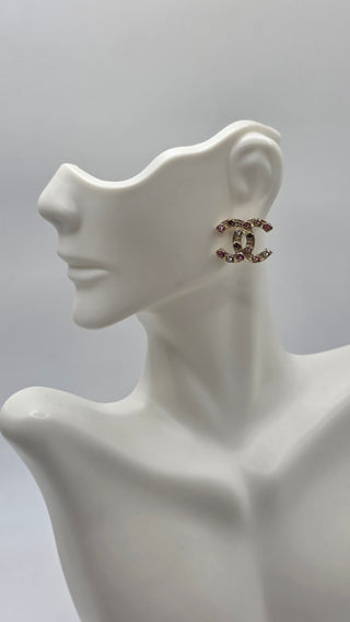 Chanel Gold-tone Pink Strass Interlocking CC Stud Earrings
