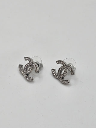 Chanel Silver-tone Strass Interlocking CC Stud Earrings