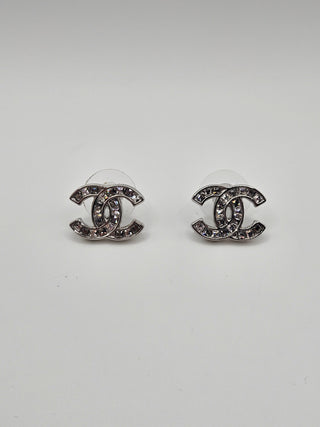 Chanel Silver-tone 2019 Strass Interlocking CC Logo Stud Earrings