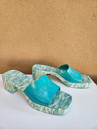 Gucci Blue Multicolor Rubber Logo Printed Platform Slides 38 sz