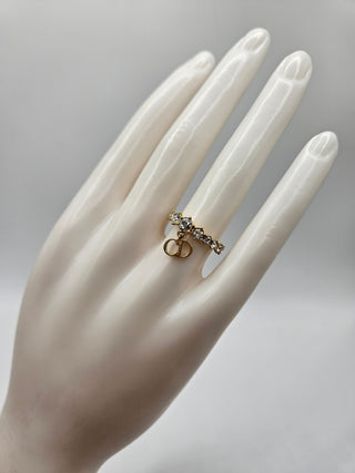 Christian Dior Gold-tone Crystal CD Charm Cocktail Ring Size: 6