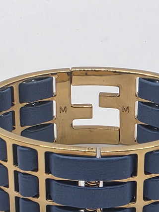Fendi Blue Leather Gold-tone FF Cuff Bracelet
